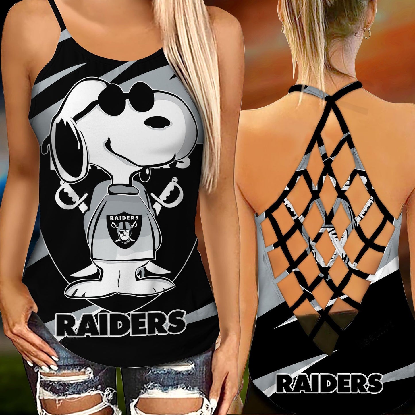 Las Vegas Raiders Leggings And Criss Cross Tank Top BG88