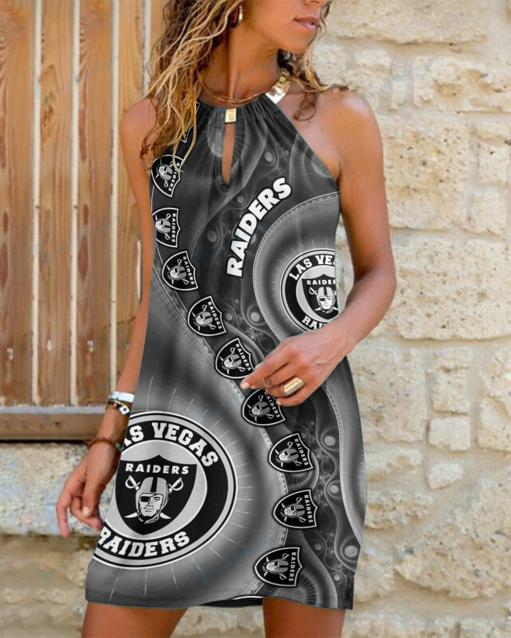 Las Vegas Raiders Summer Casual Metal Halter Neck Sleeveless Dress 143