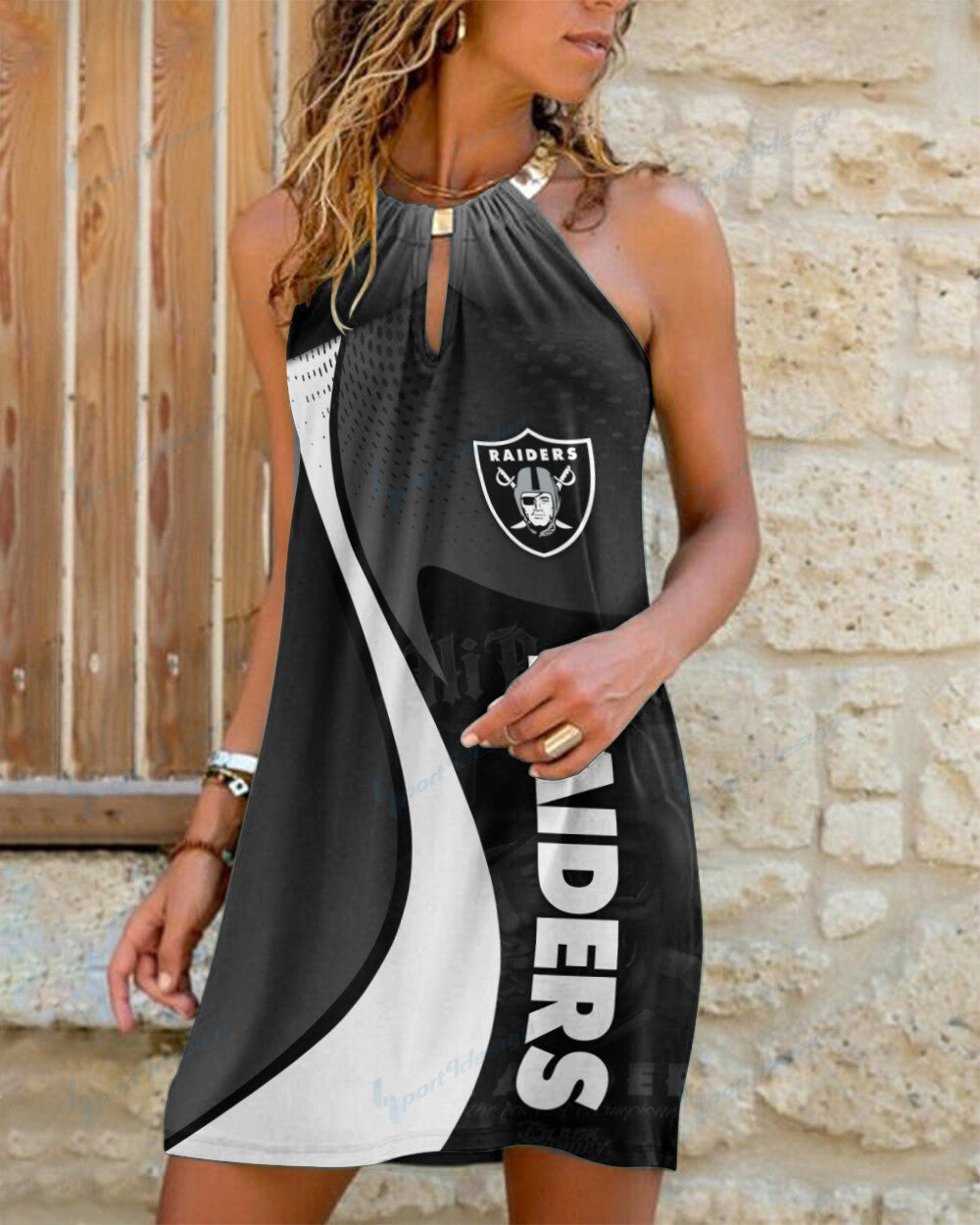 Las Vegas Raiders Summer Casual Metal Halter Neck Sleeveless Dress 47