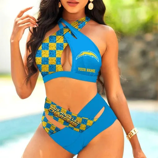Los Angeles Chargers Women’s 2PCS Bikini Swimsuit Criss Cross Cutout Bathing Suit S9BCCB043