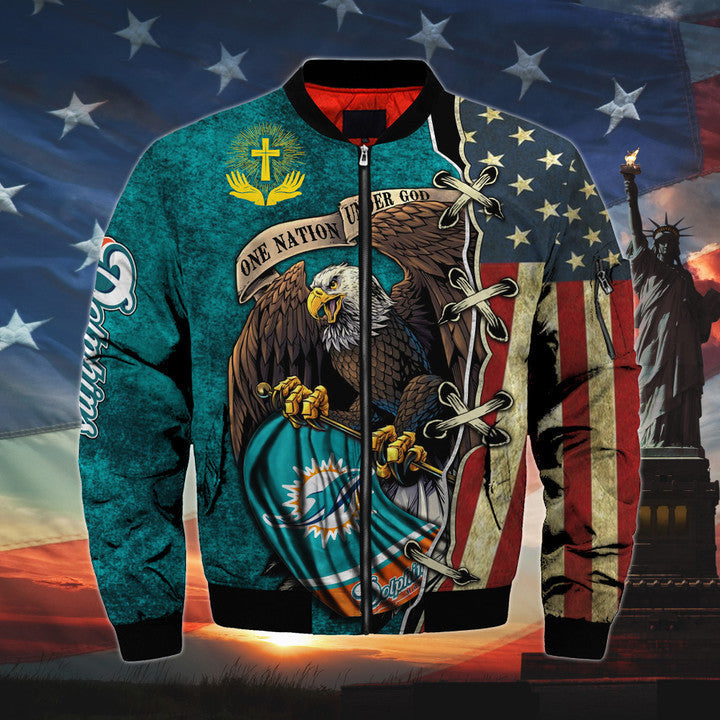 Men’s One Nation Under God Miami Dolphins Bomber Jackets