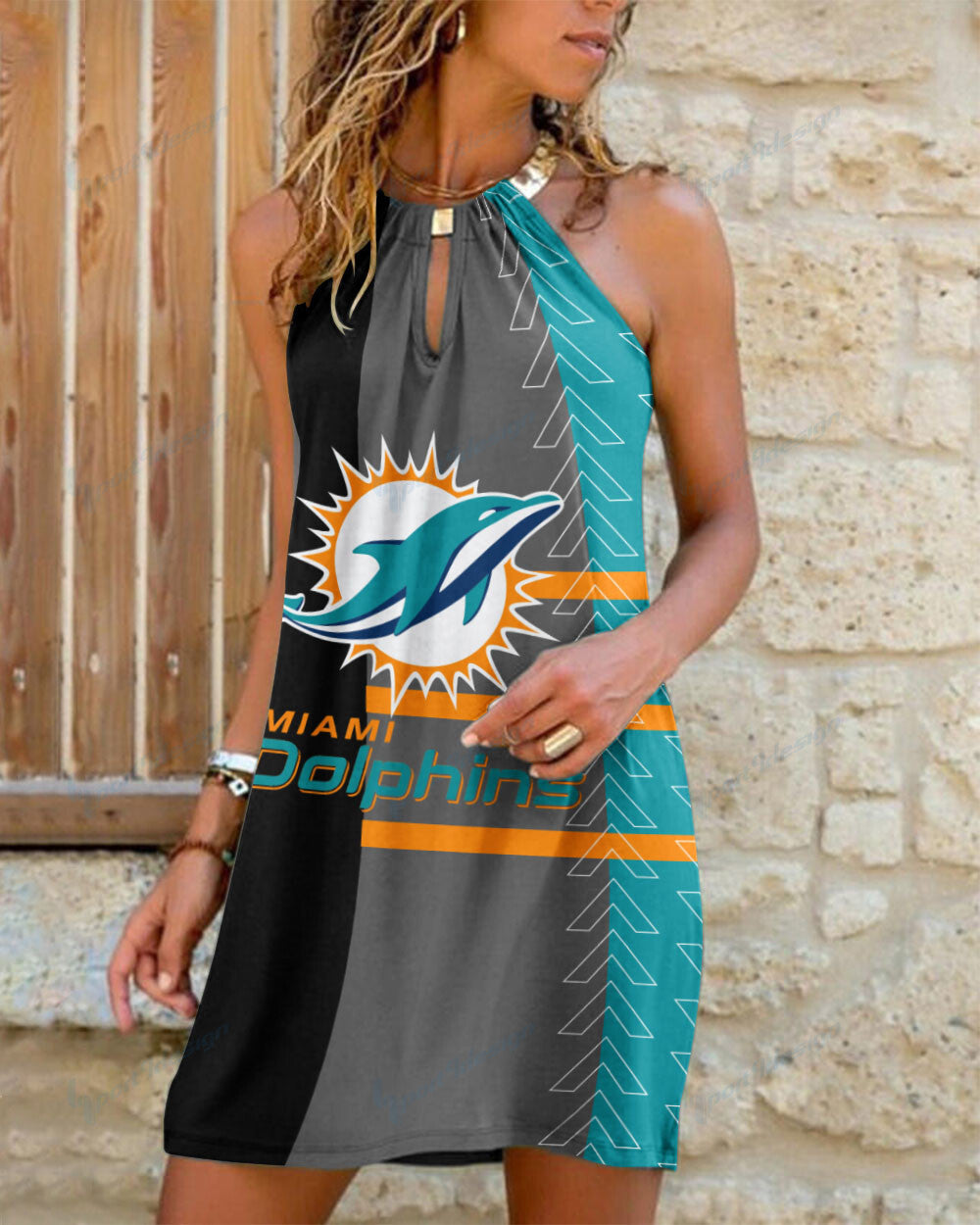 Miami Dolphins Summer Casual Metal Halter Neck Sleeveless Dress 88