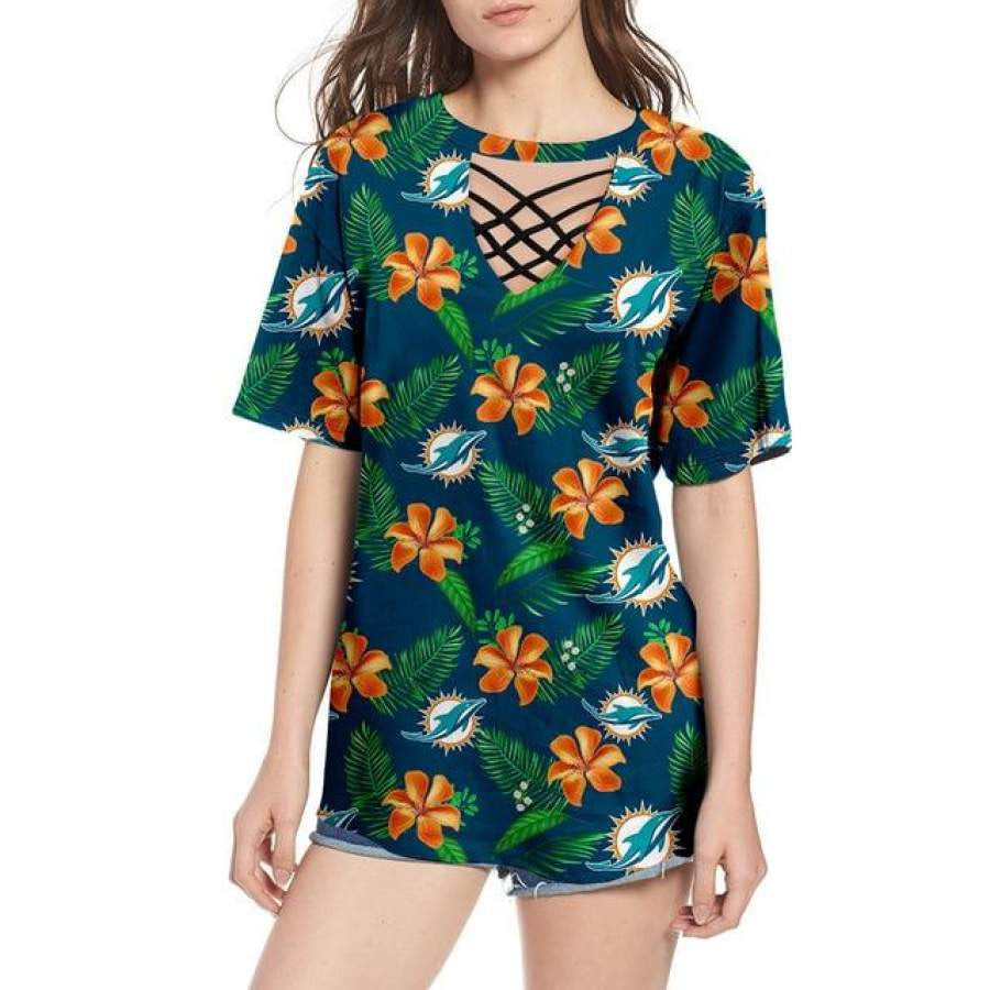 Miami Dolphins Women Summer String Short Sleeve Shirt BG18
