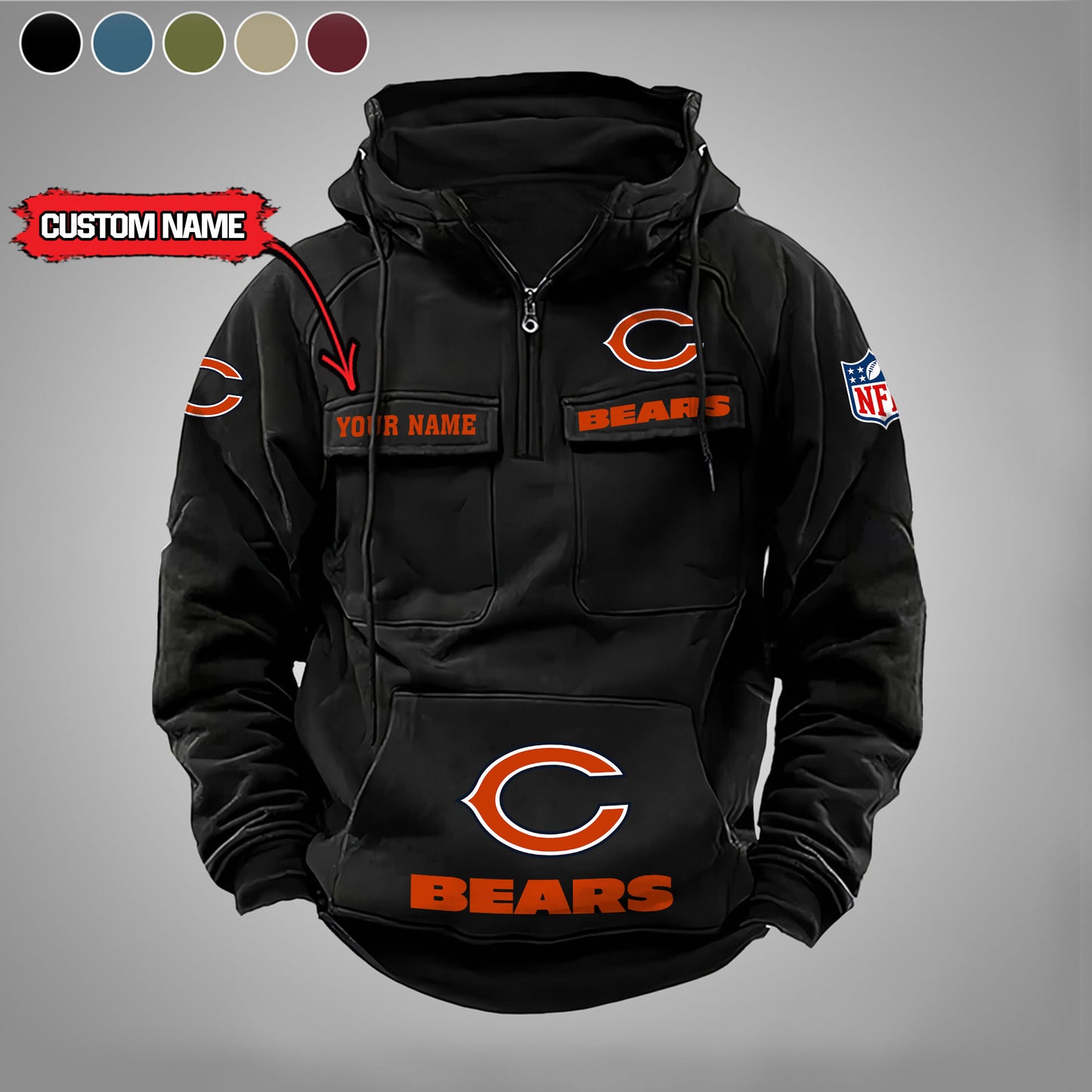 Chicago Bears New Personalized Multi-Pockets Zip Hoodie AZBTMZHD000015
