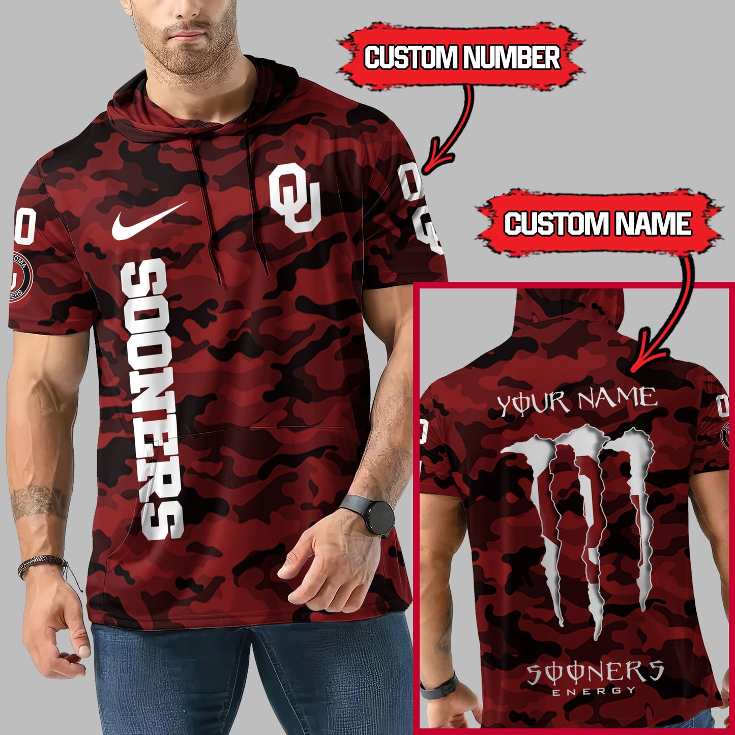 Oklahoma Sooners Personalized Camo Short Sleeve Hoodie AZBTSSHD000020