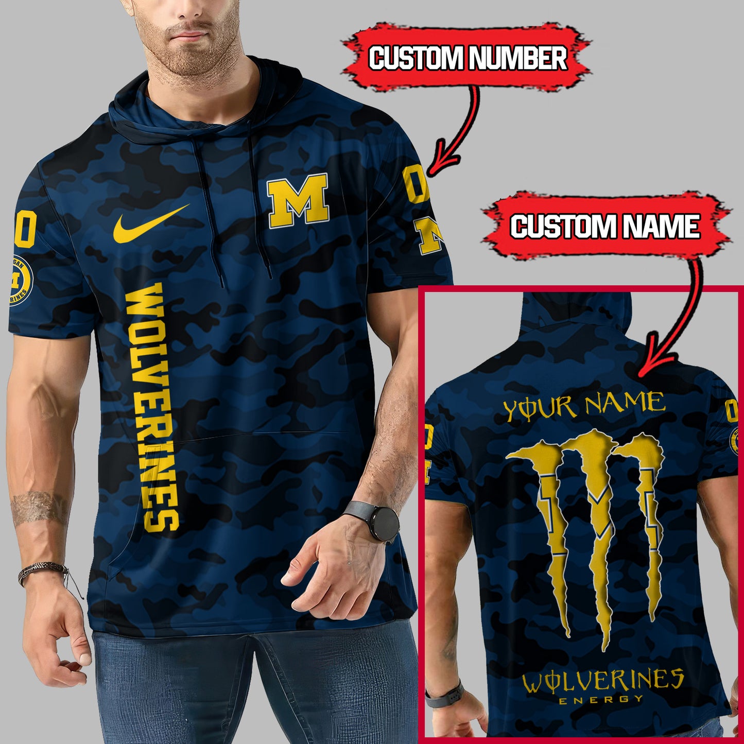 Michigan Wolverines Personalized Camo Short Sleeve Hoodie AZBTSSHD000005