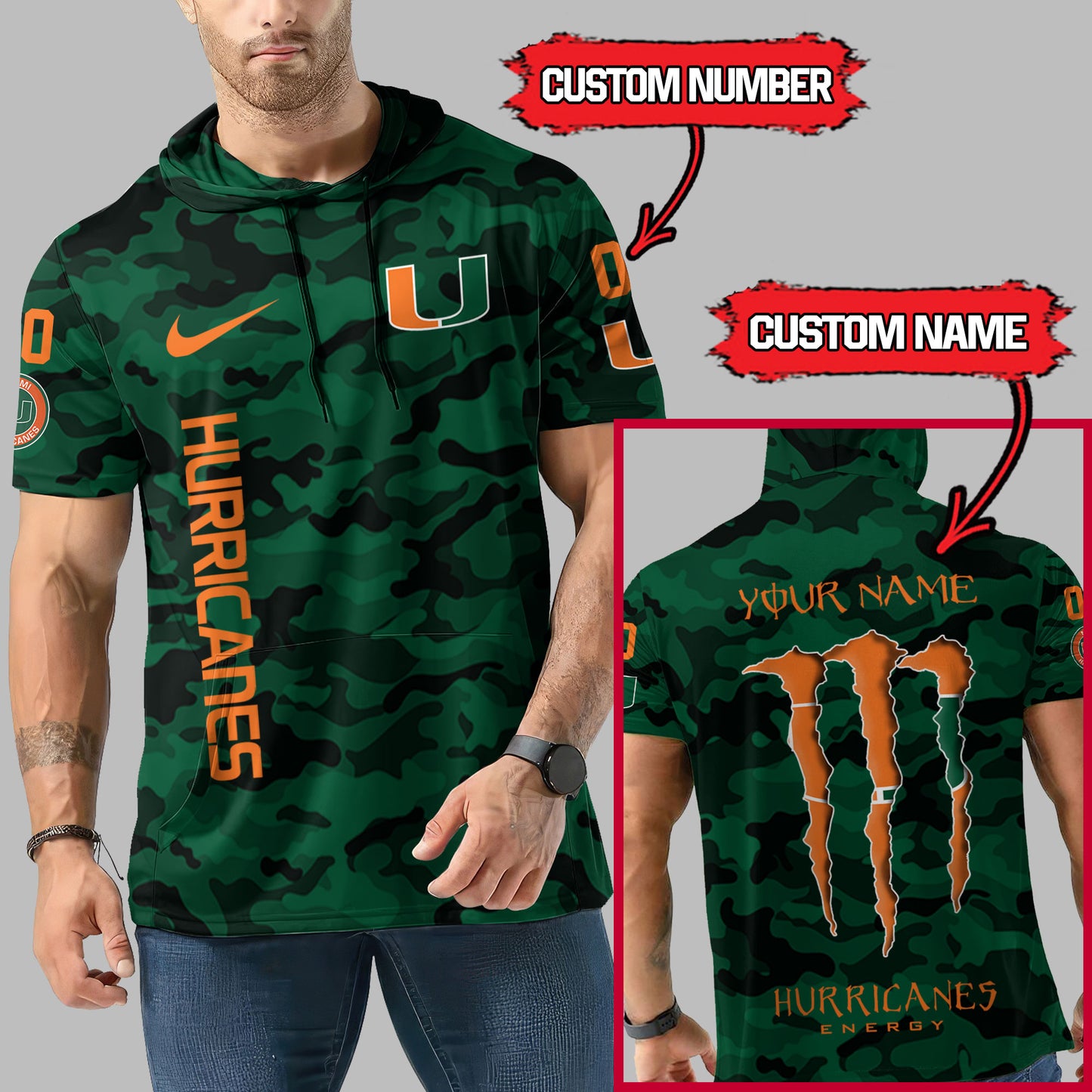 Miami Hurricanes Personalized Camo Short Sleeve Hoodie AZBTSSHD000015