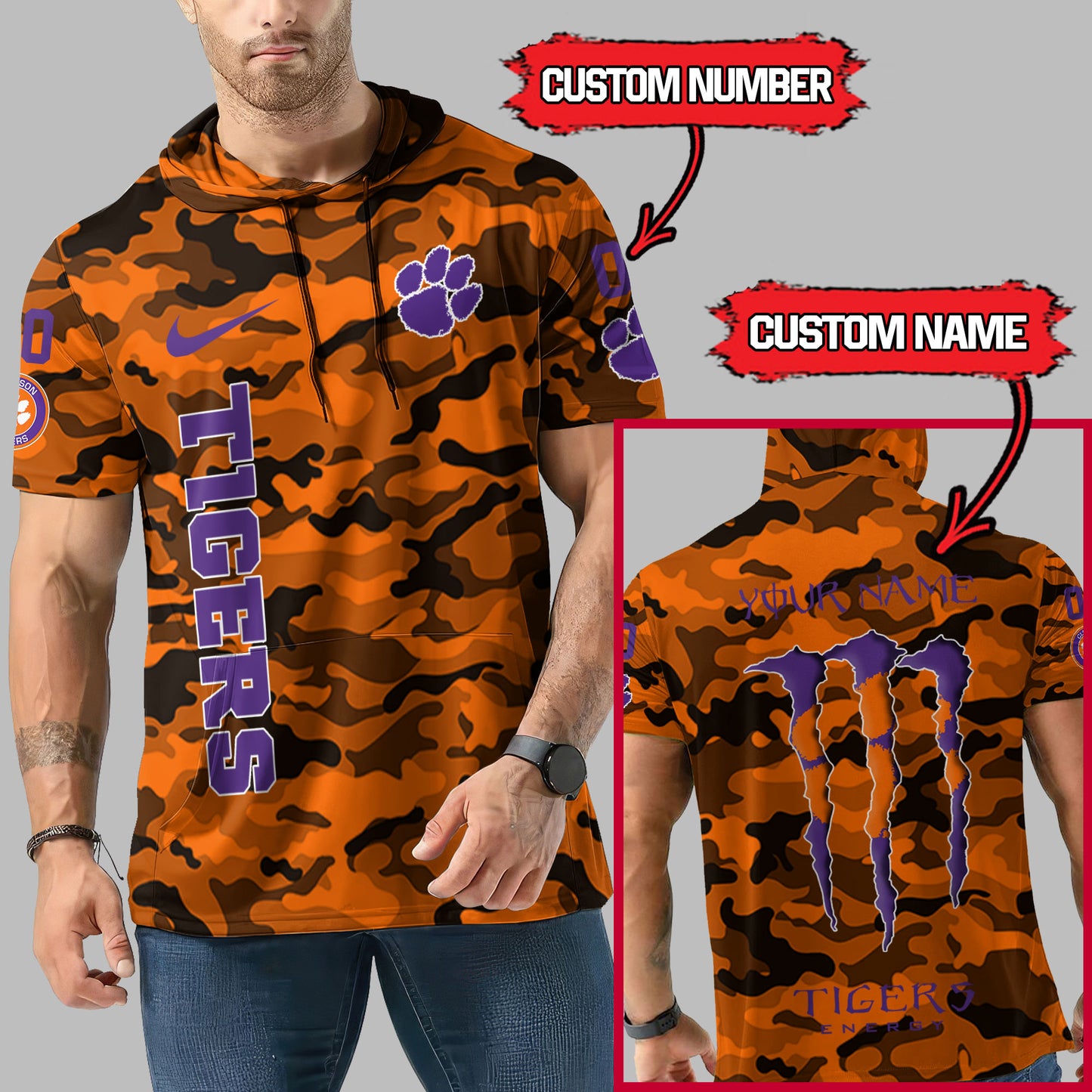 Clemson Tigers Personalized Camo Short Sleeve Hoodie AZBTSSHD000037