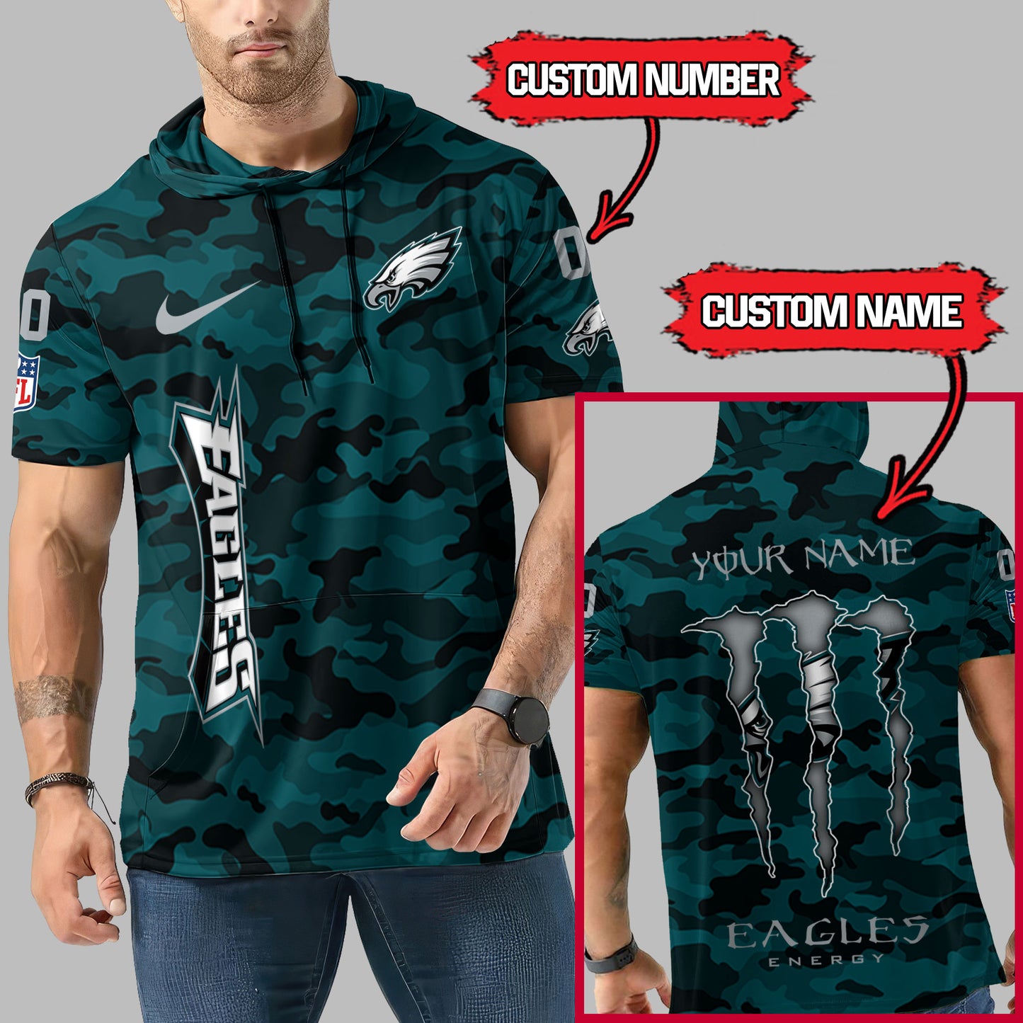 Philadelphia Eagles Personalized Camo Short Sleeve Hoodie AZBTSSHD000046