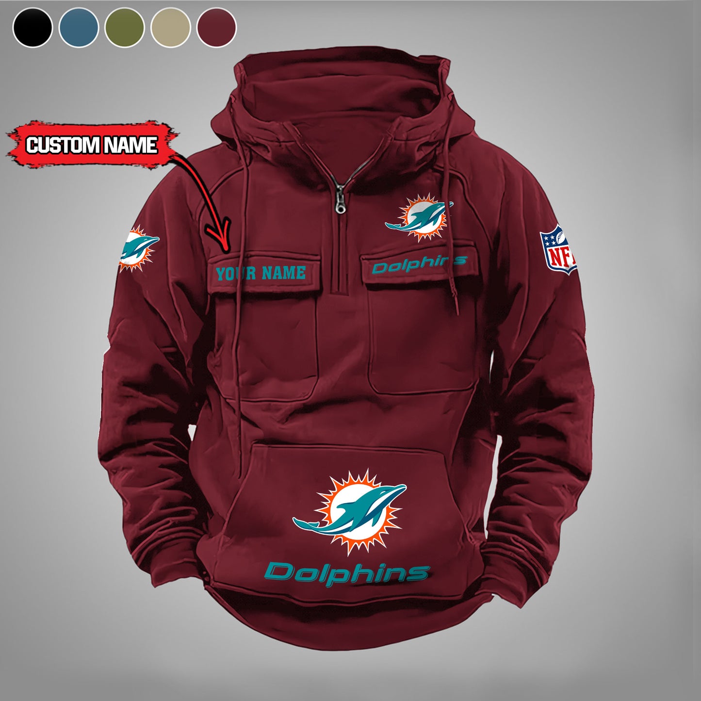 Miami Dolphins New Personalized Multi-Pockets Zip Hoodie AZBTMZHD000010