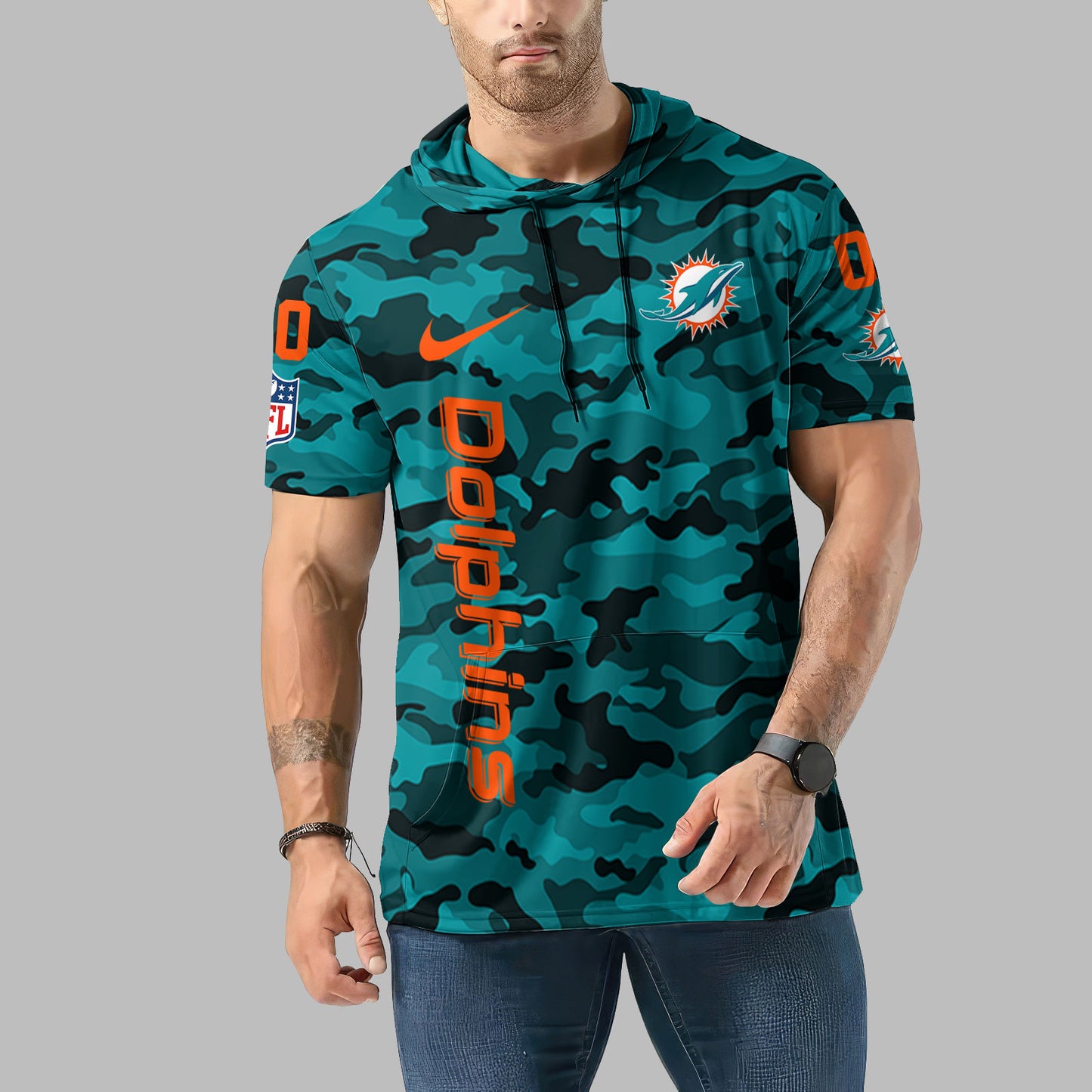 Miami Dolphins Personalized Camo Short Sleeve Hoodie AZBTSSHD000051