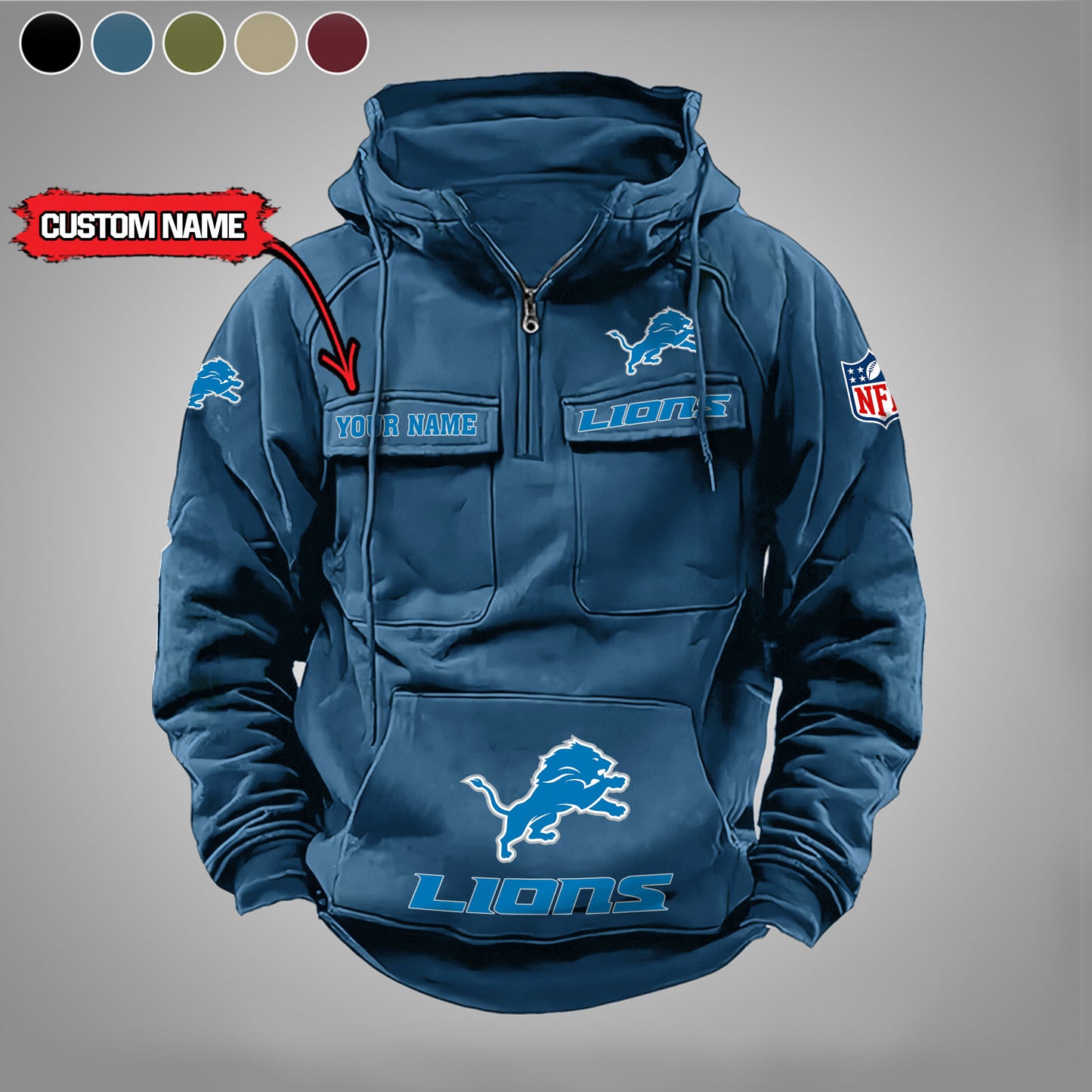 Detroit Lions New Personalized Multi-Pockets Zip Hoodie AZBTMZHD000020
