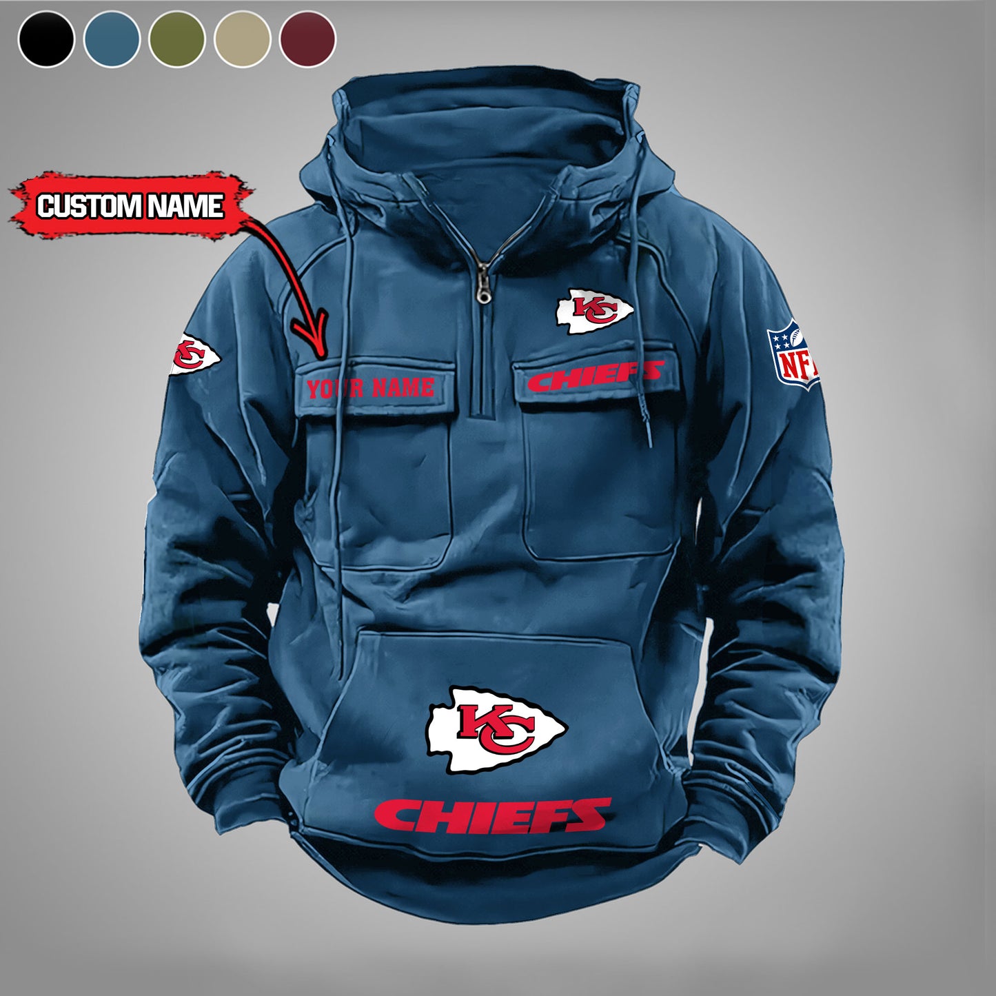 Kansas City Chiefs New Personalized Multi-Pockets Zip Hoodie AZBTMZHD000009
