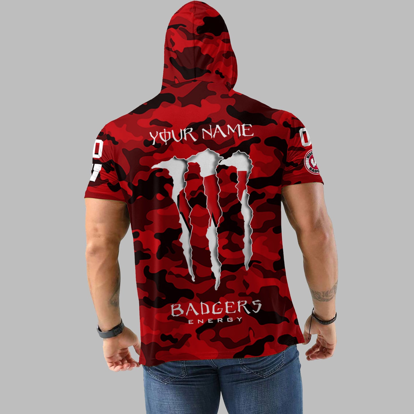 Wisconsin Badgers Personalized Camo Short Sleeve Hoodie AZBTSSHD000016