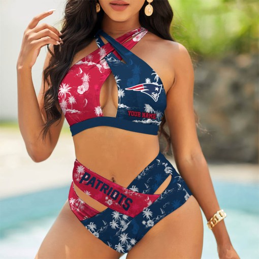 New England Patriots Women’s 2PCS Bikini Swimsuit Criss Cross Cutout Bathing Suit S9BCCB079