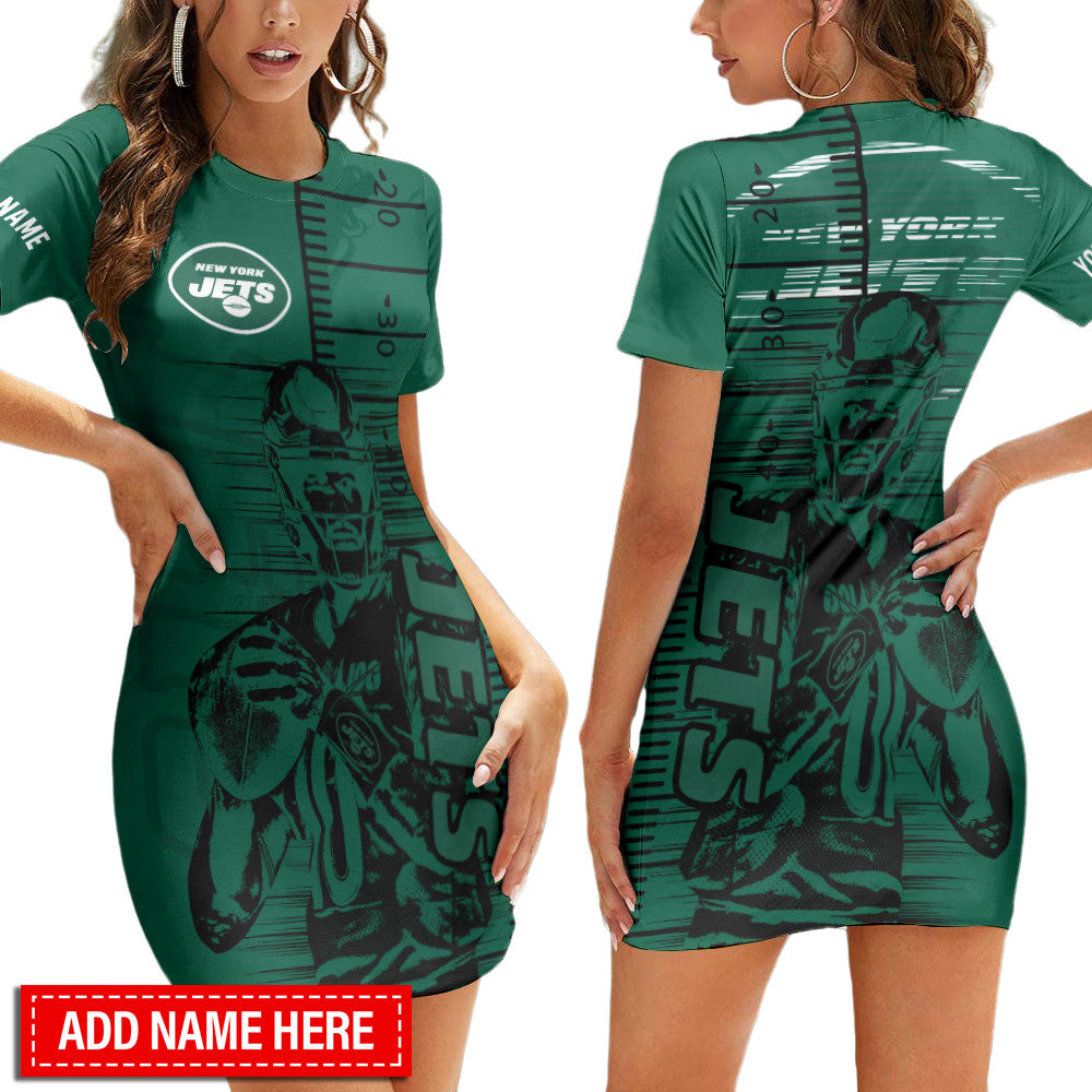 New York Jets Personalized Short Sleeve Bodycon Mini Dress BG378