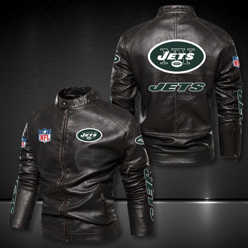 New York Jets Stand-up Collar Leather Jacket BG07