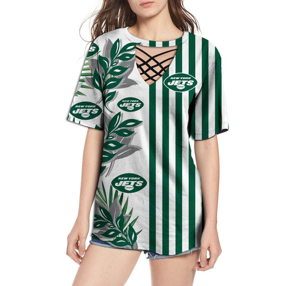 New York Jets Women Summer String Short Sleeve Shirt BG34