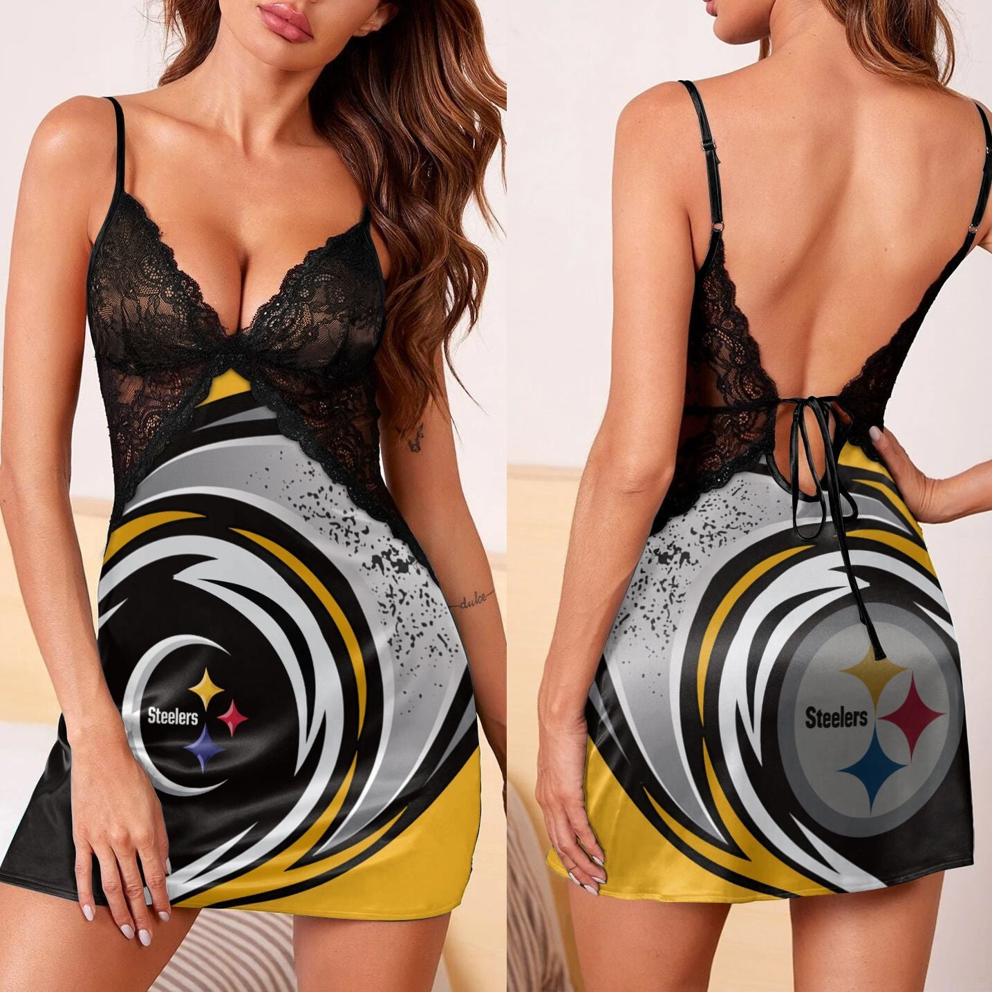 Pittsburgh Steelers Lace Back Strap Slip Dress 81