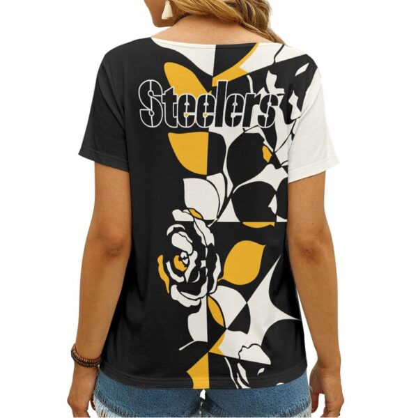 Pittsburgh Steelers Rose Pattern V-neck Women T-shirt AGCWTS373