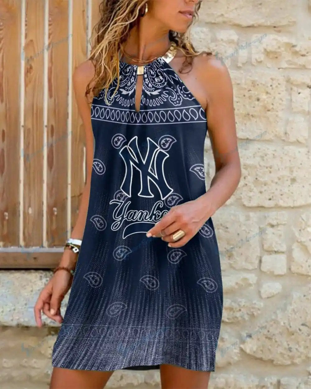 New York Yankees Summer Casual Metal Halter Neck Sleeveless Dress 150