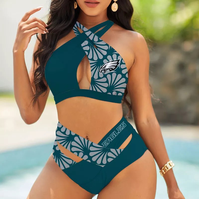 Philadelphia Eagles Women’s 2PCS Bikini Swimsuit Criss Cross Cutout Bathing Suit S11-8