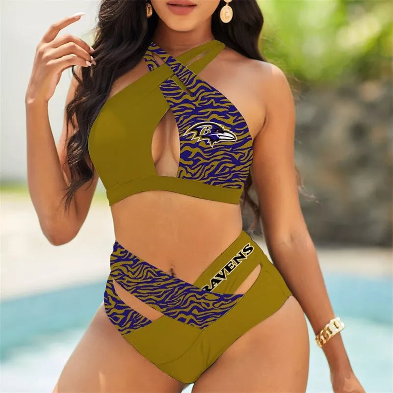Baltimore Ravens Women’s 2PCS Bikini Swimsuit Criss Cross Cutout Bathing Suit S23-2