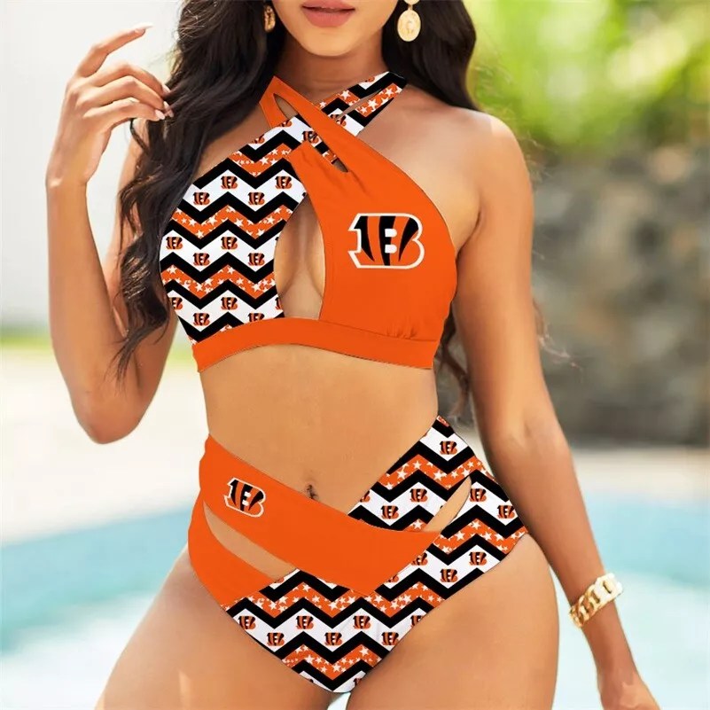 Cincinnati Bengals Women’s 2PCS Bikini Swimsuit Criss Cross Cutout Bathing Suit S21-4