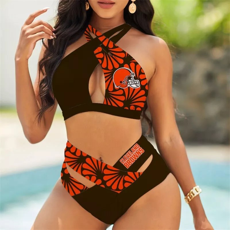 Cleveland Browns Women’s 2PCS Bikini Swimsuit Criss Cross Cutout Bathing Suit S22-6