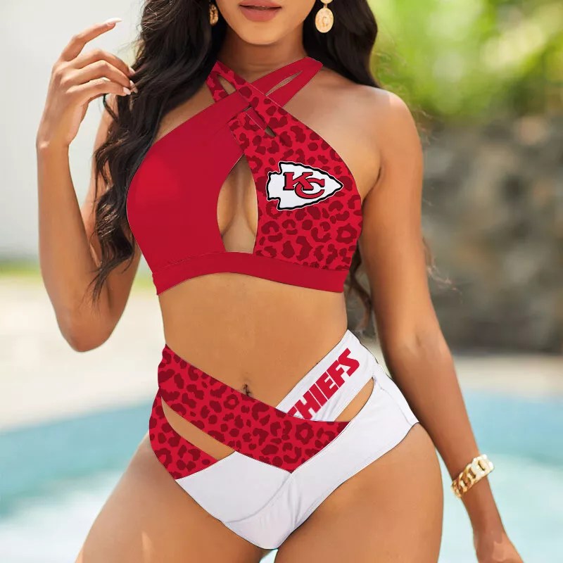 Kansas City Chiefs Women’s 2PCS Bikini Swimsuit Criss Cross Cutout Bathing Suit S02-1