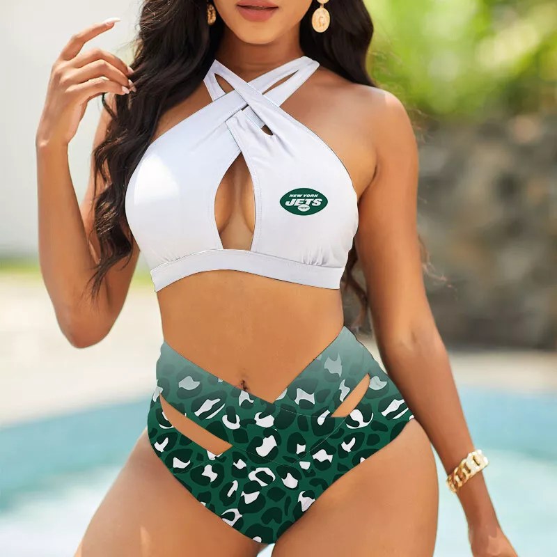 New York Jets Women’s 2PCS Bikini Swimsuit Criss Cross Cutout Bathing Suit S18-4