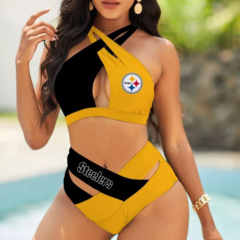 Pittsburgh Steelers Women’s 2PCS Bikini Swimsuit Criss Cross Cutout Bathing Suit S05-1