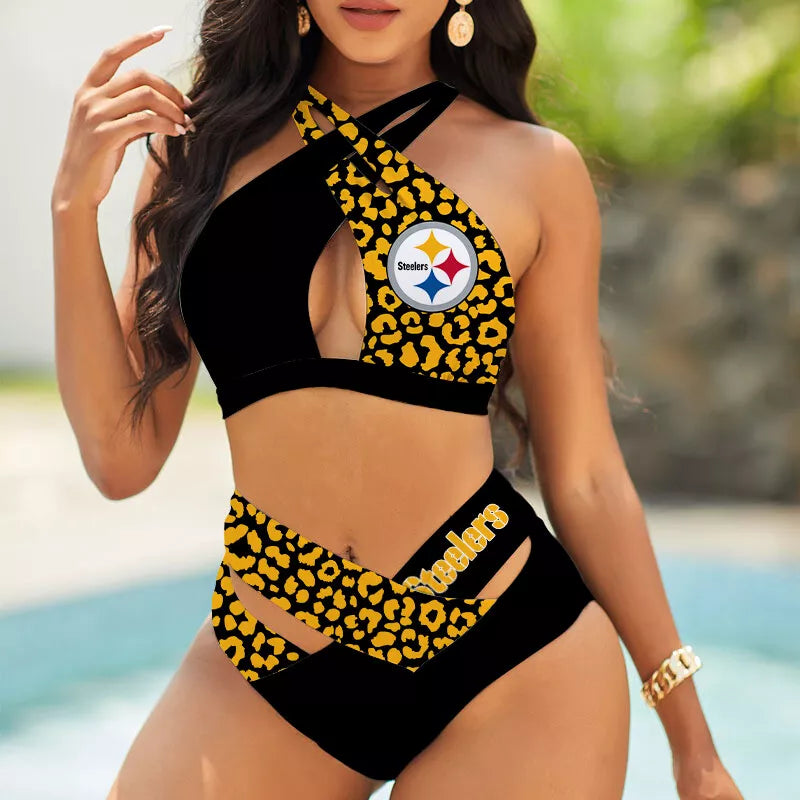 Pittsburgh Steelers Women’s 2PCS Bikini Swimsuit Criss Cross Cutout Bathing Suit S05-2