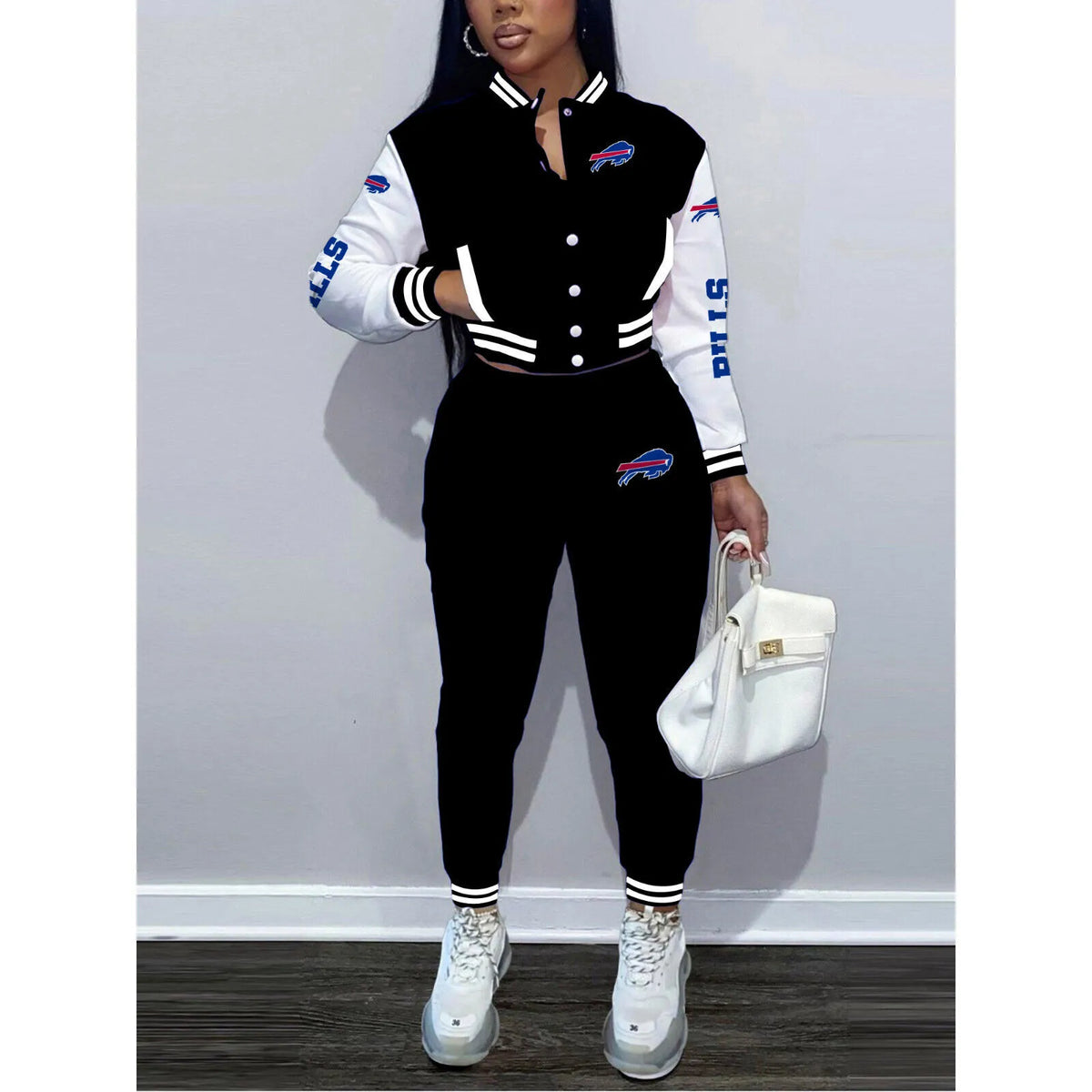 Buffalo Bills Women’s Outfits Varsity Jacket Crop Tops Sweatpants Tracksuit 05