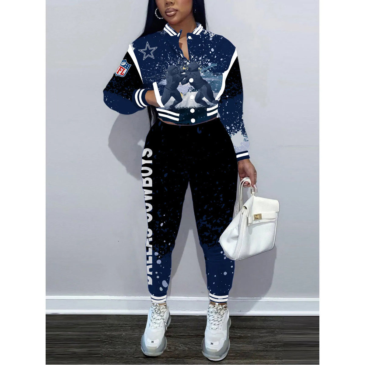 Dallas Cowboys Women’s Outfits Varsity Jacket Crop Tops Sweatpants Tracksuit 13