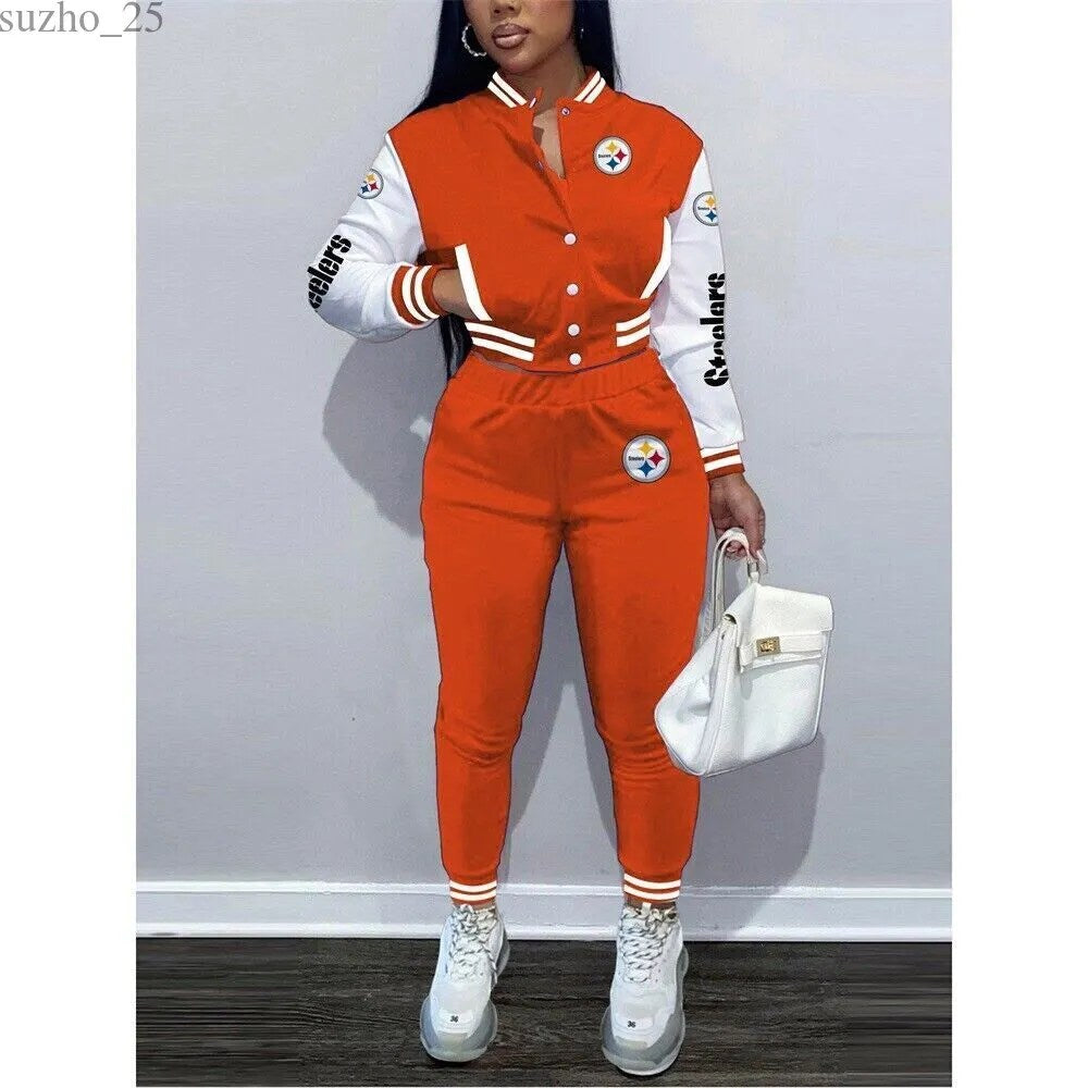 Pittsburgh Steelers Women’s Outfits Varsity Jacket Crop Tops Sweatpants Tracksuit 26