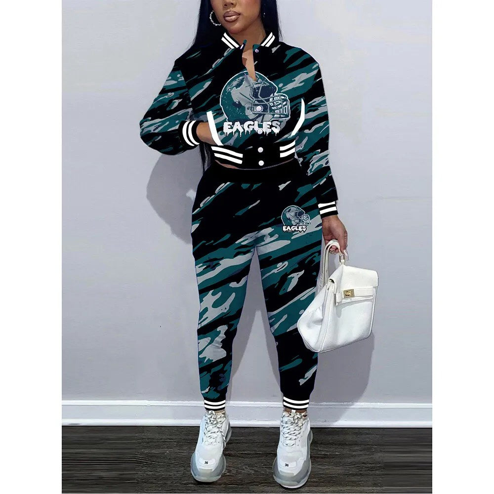 Philadelphia Eagles Women’s Outfits Varsity Jacket Crop Tops Sweatpants Tracksuit 35