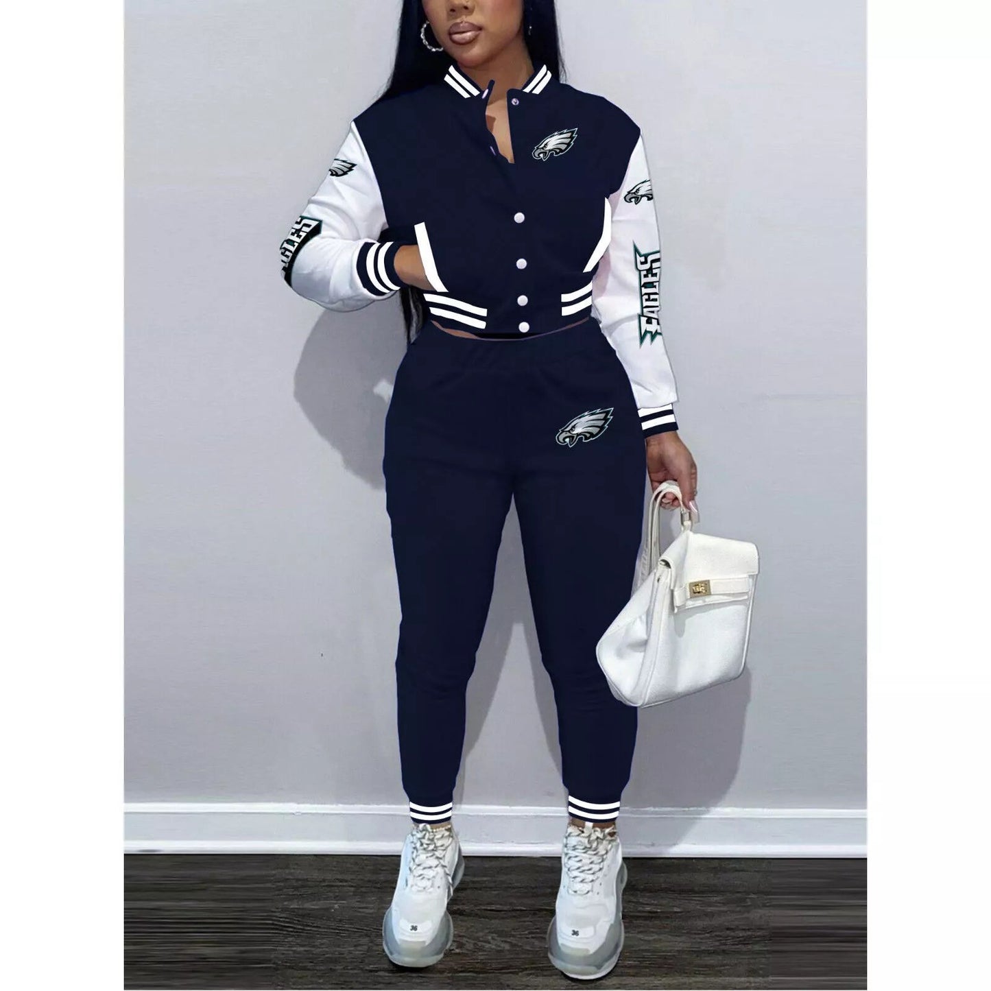 Philadelphia Eagles Women’s Outfits Varsity Jacket Crop Tops Sweatpants Tracksuit 38