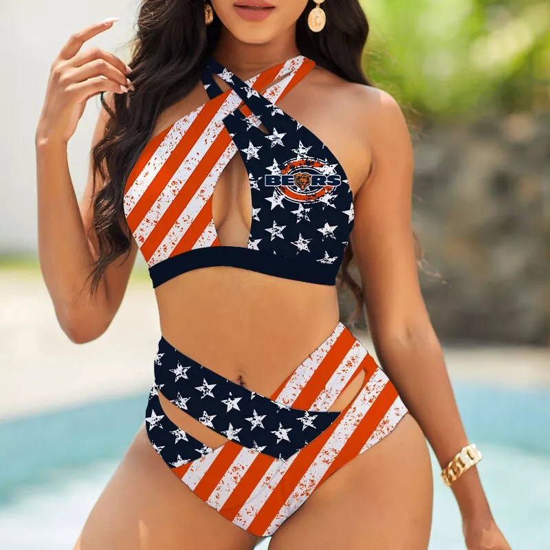Chicago Bears Women’s 2PCS Bikini Swimsuit Criss Cross Cutout Bathing Suit S07-8