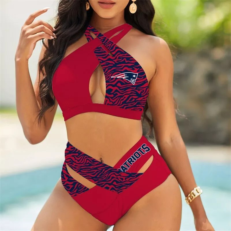 New England Patriots Women’s 2PCS Bikini Swimsuit Criss Cross Cutout Bathing Suit S09-2