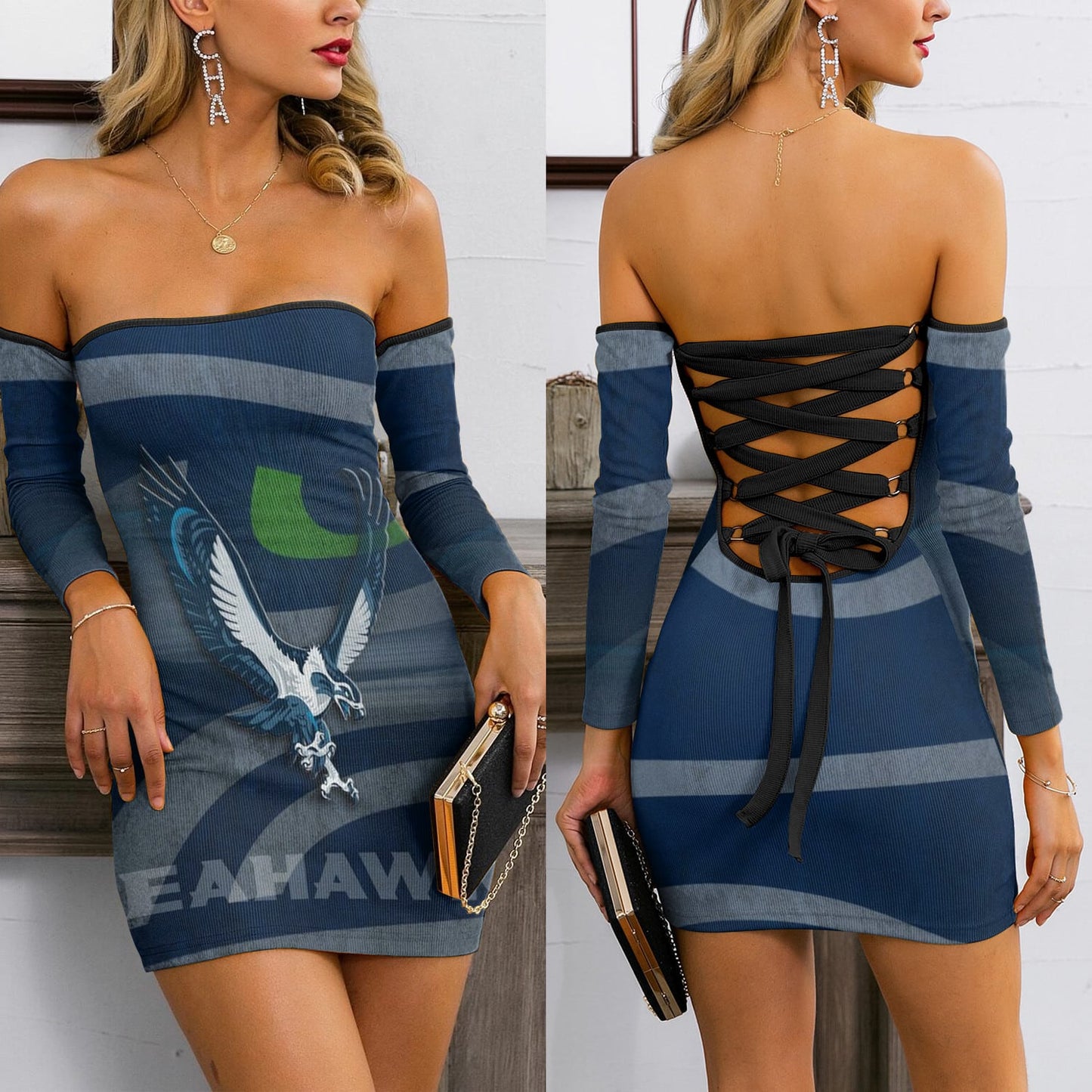 Seattle Seahawks Lace Up Back Bardot Bodycon Dress BG10
