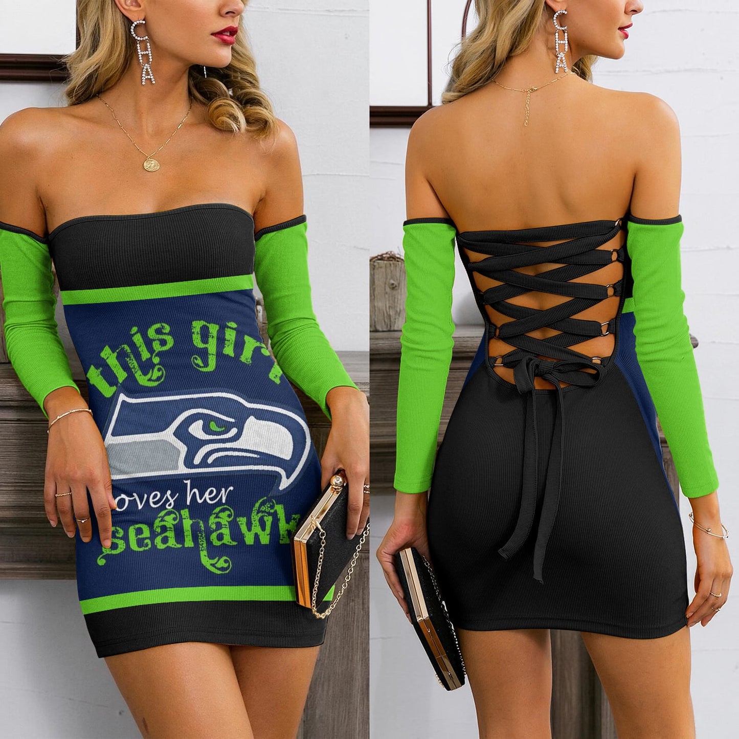Seattle Seahawks Lace Up Back Bardot Bodycon Dress BG12