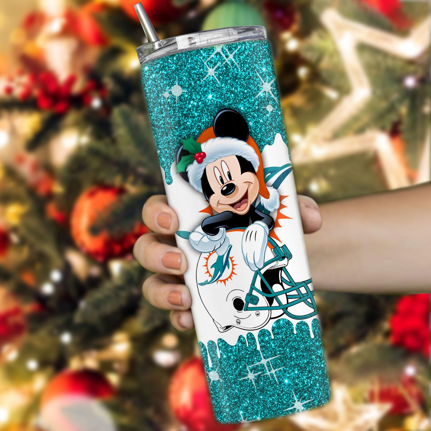 Miami Dolphins Personalized Glitter Tumbler With Stainless Steel Straw BGGTS113