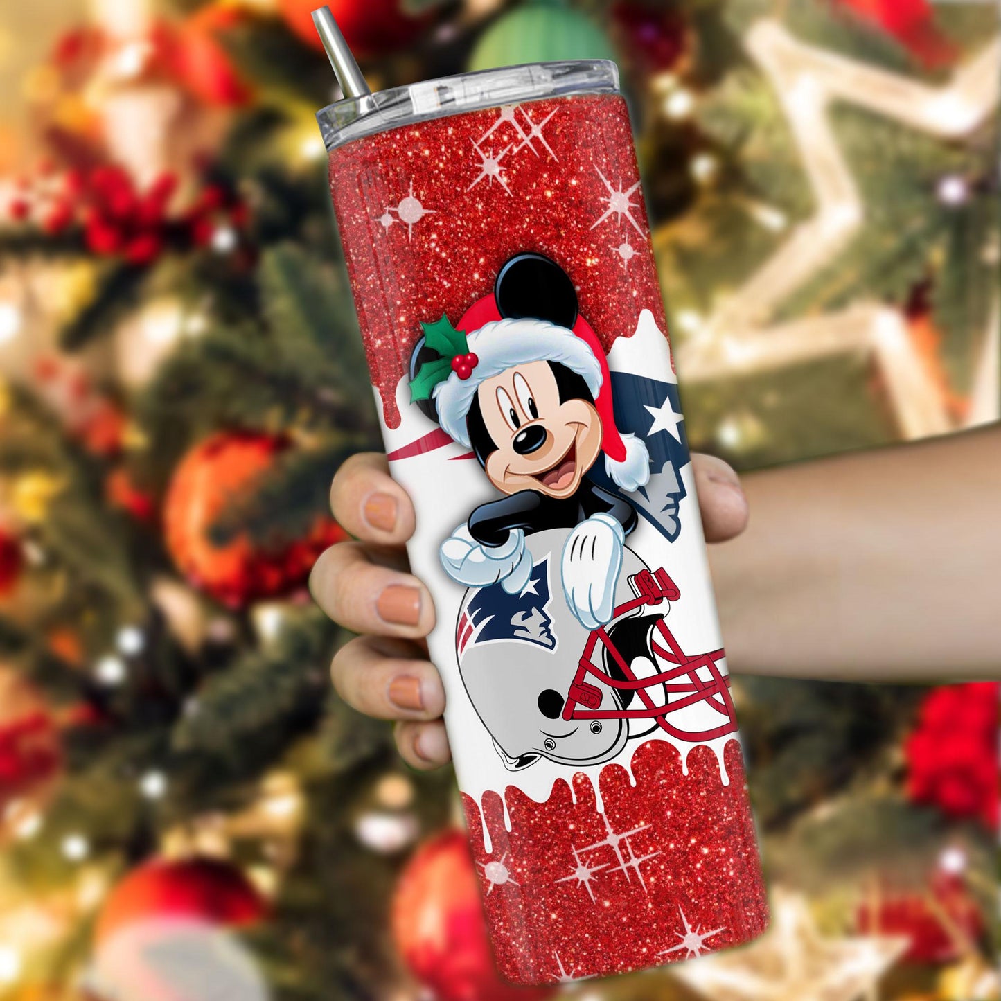 New England Patriots Personalized Glitter Tumbler With Stainless Steel Straw BGGTS111