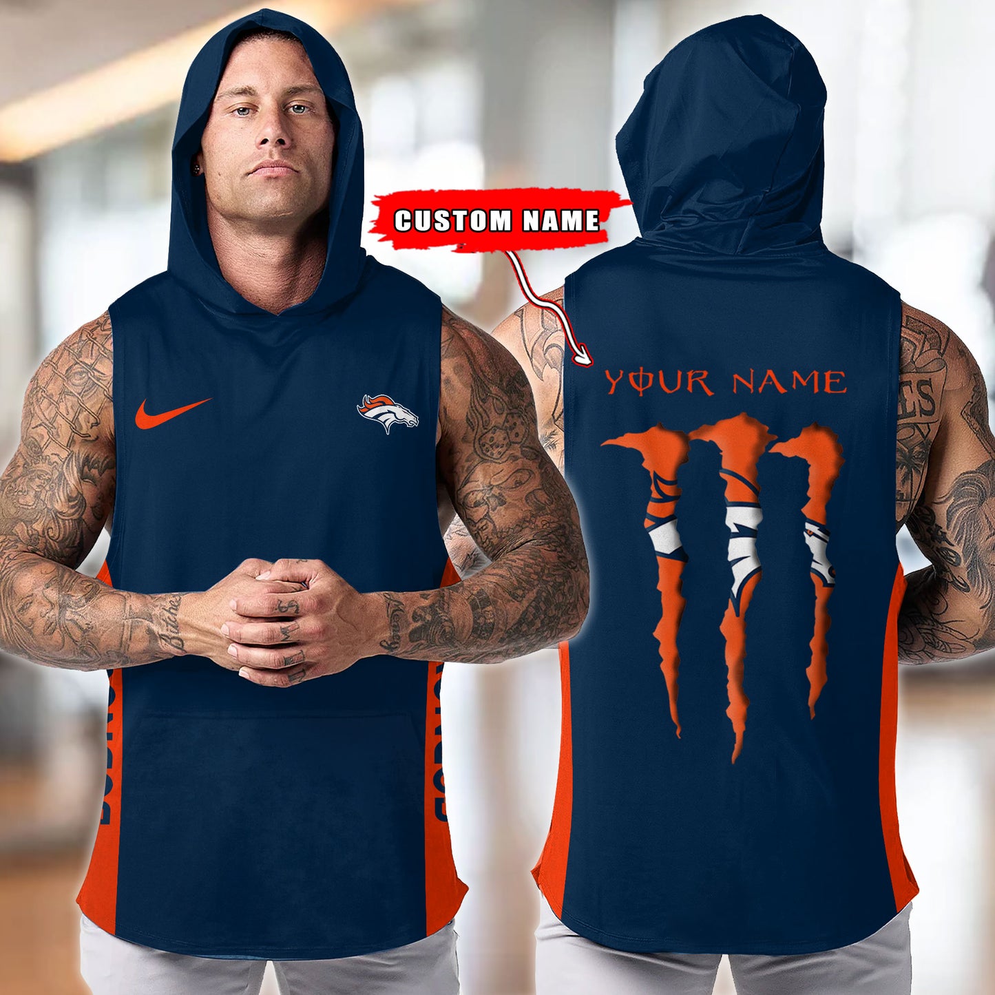 Denver Broncos Personalied Men Workout Hooded Tank Top AZBTMHTT000010
