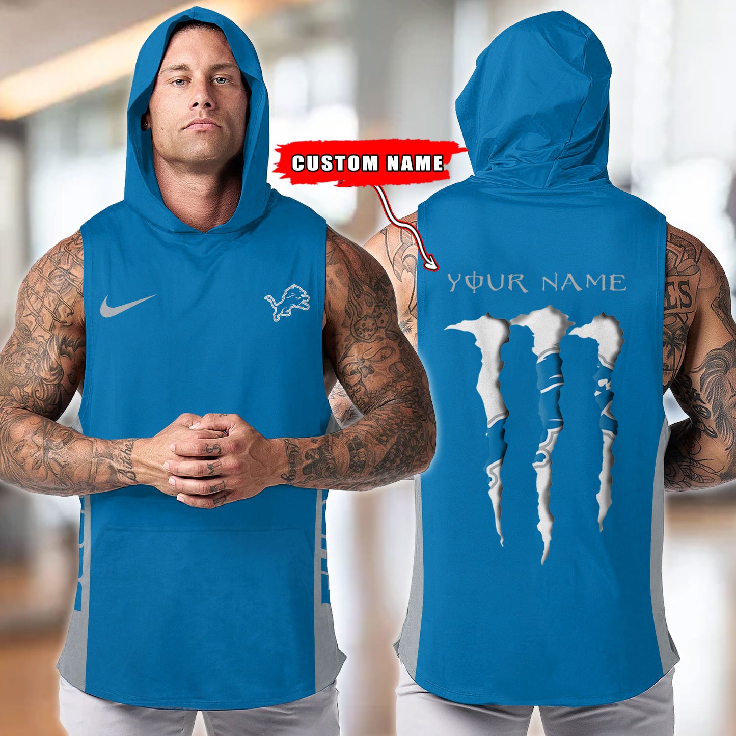 Detroit Lions Personalied Men Workout Hooded Tank Top AZBTMHTT000011