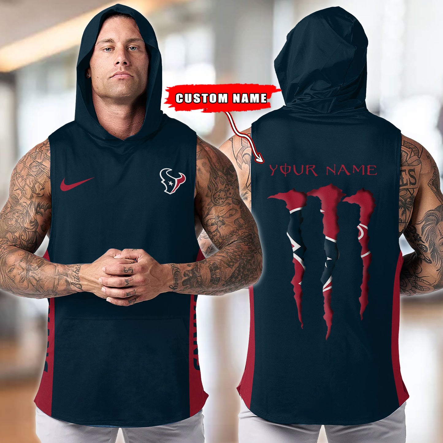 Houston Texans Personalied Men Workout Hooded Tank Top AZBTMHTT000013