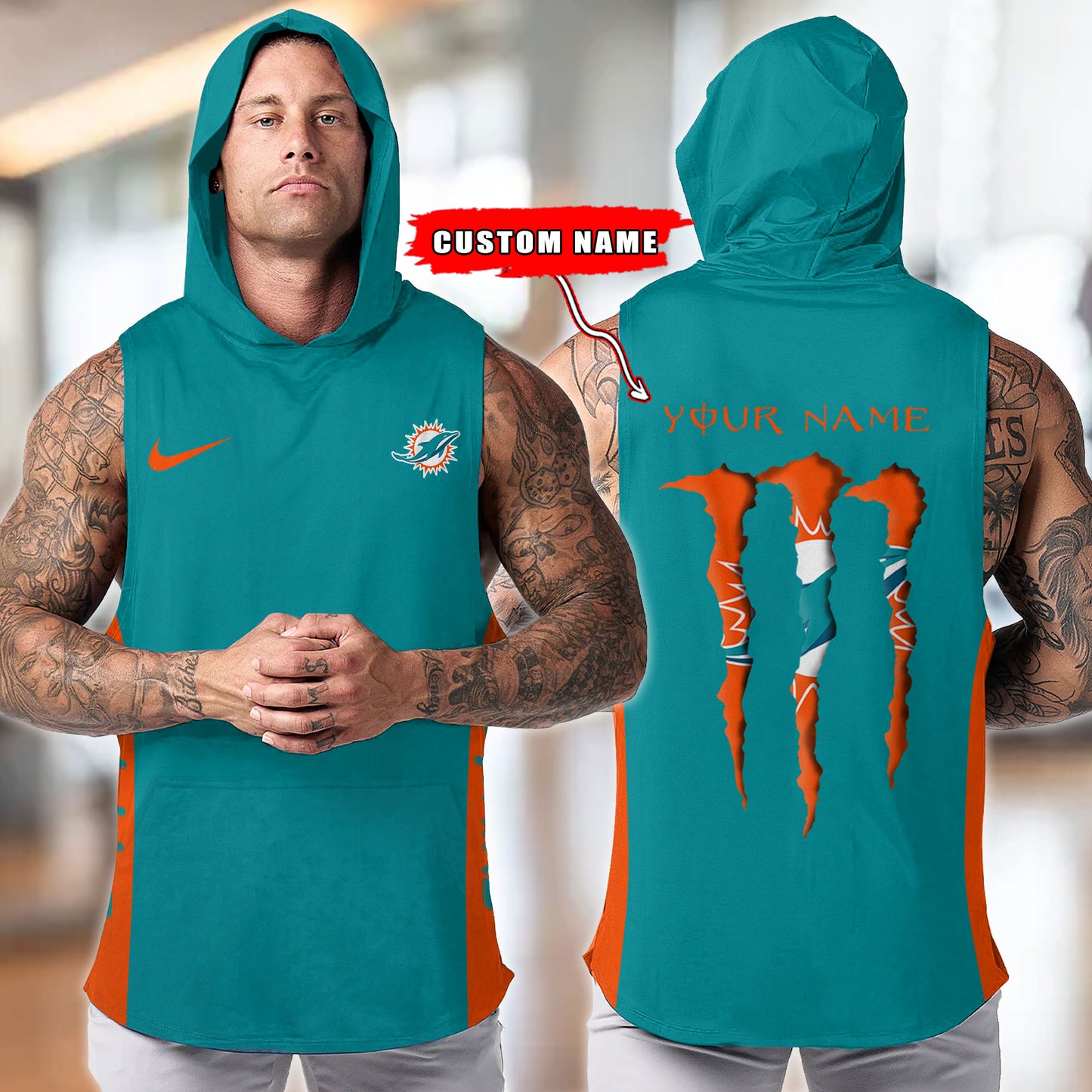 Miami Dolphins Personalied Men Workout Hooded Tank Top AZBTMHTT000017