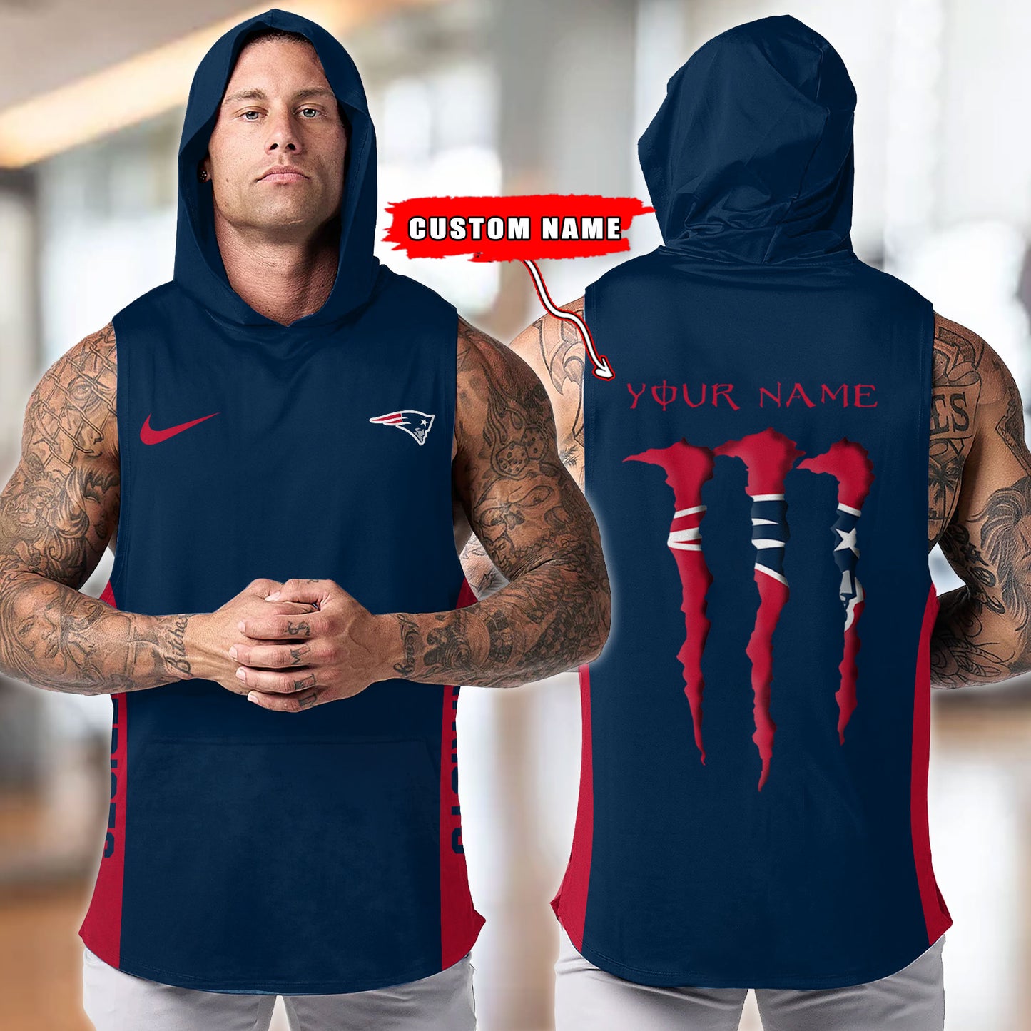 New England Patriots Personalied Men Workout Hooded Tank Top AZBTMHTT000019