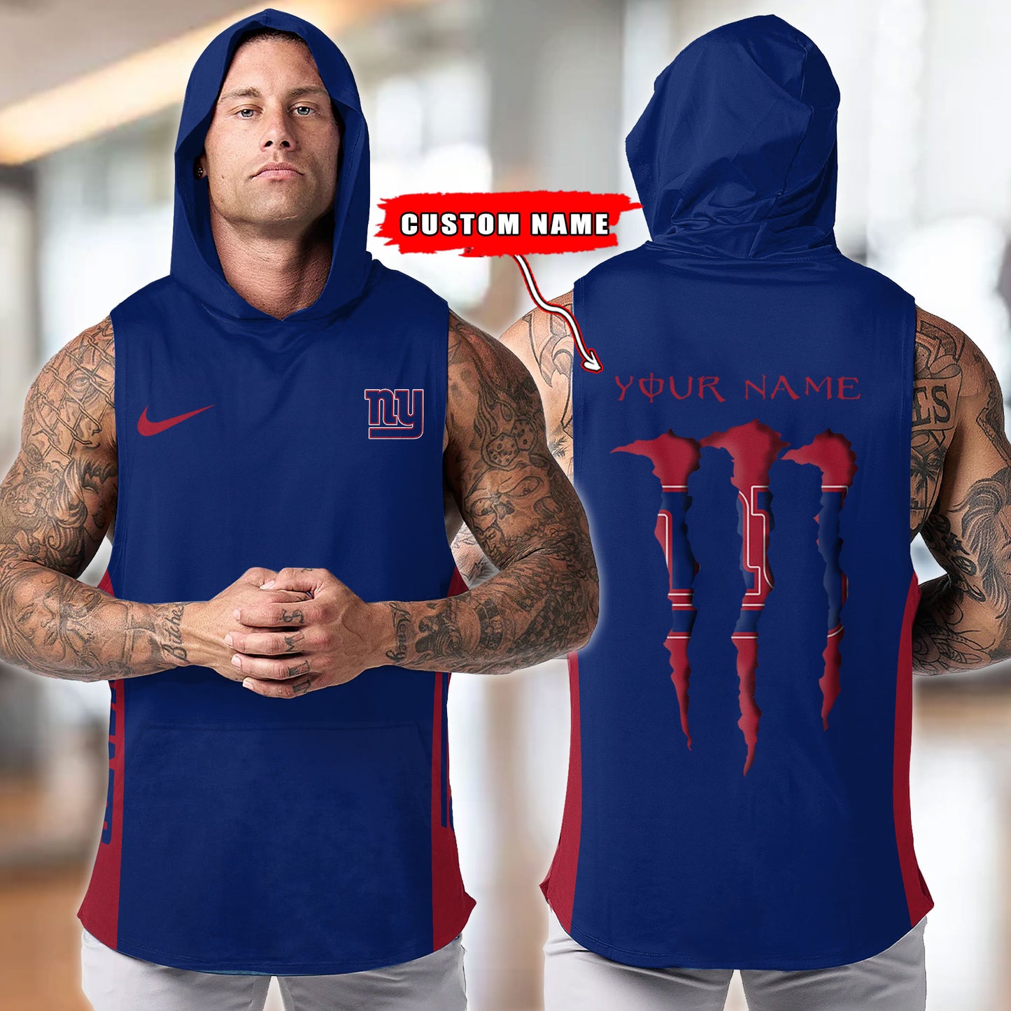 New York Giants Personalied Men Workout Hooded Tank Top AZBTMHTT000021